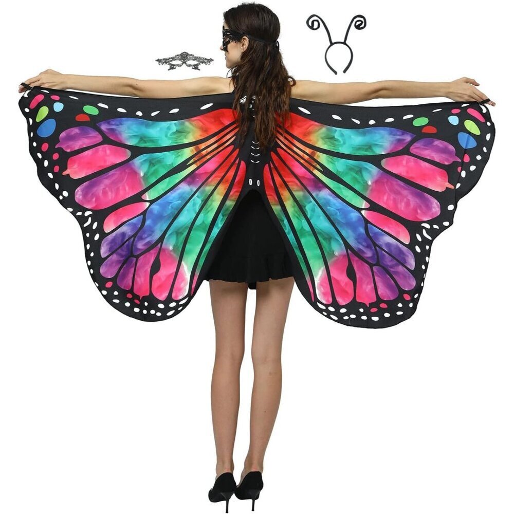 Women Butterfly Wings Costume Set Fairy Wings Mask Headband Halloween Party